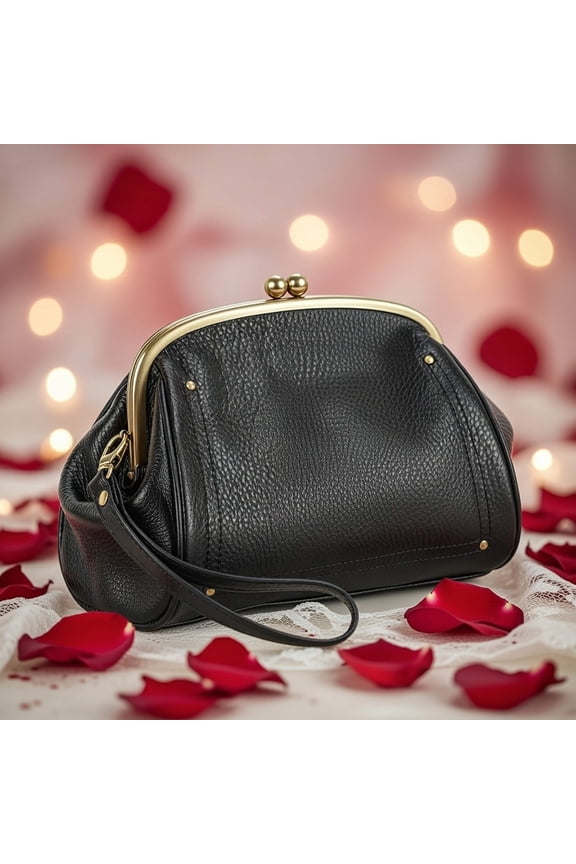Genuine Leather Handbag for Women with Wrist Strap, Kiss Lock Clutch Purse for Women,Valentine Gift (Black)