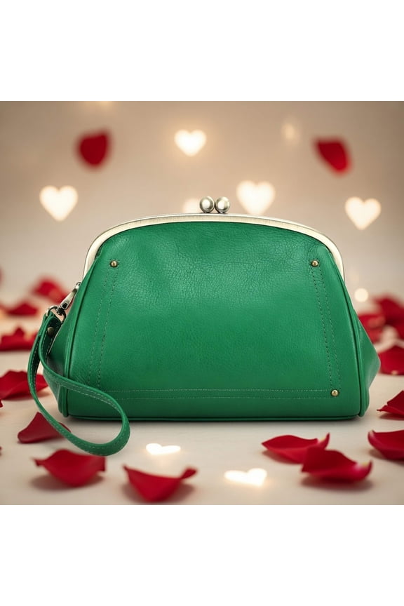 Kiss Lock Clutch Bag for Women Leather Evening Bag Large Kiss Clasp Wallet Vintage Handbag Phone Organizer with Wrist Strap (Green)