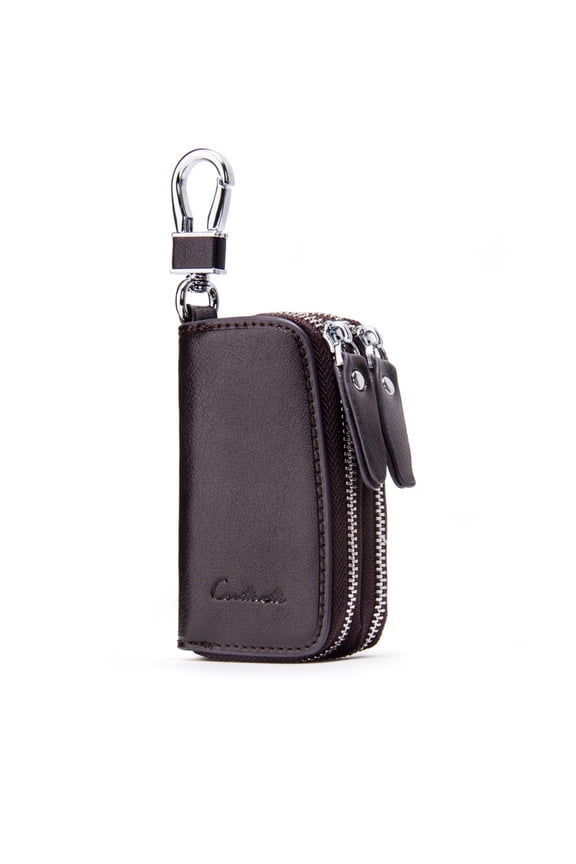 Car Key Case, Small Leather Double Zipper Key Holder with 4 Keyrings, Keys Organizer for Men (Coffee)