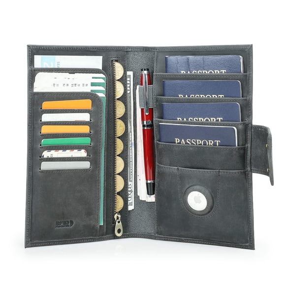 Contact's Leather Family 4 Passport Holder With Airtag,Travel Passport Wallet RFID Blocking (Gray)