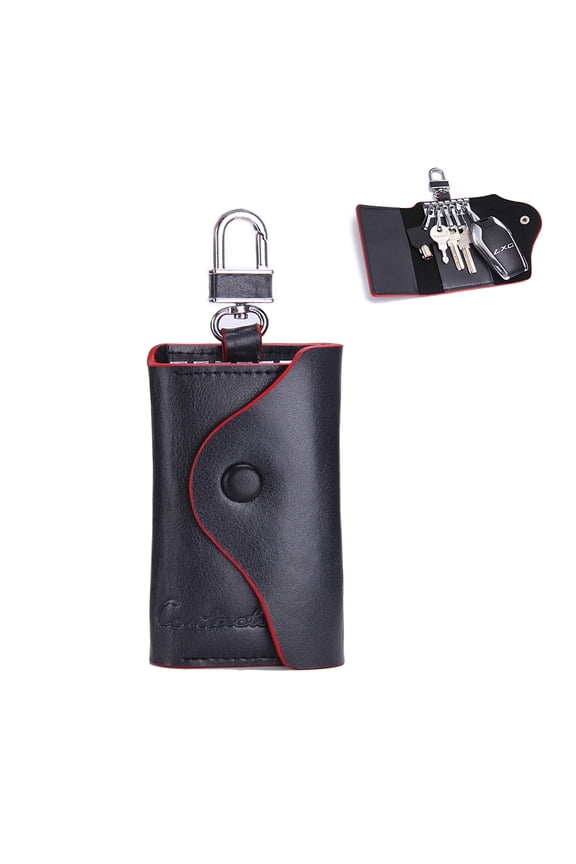 Leather Key Case for Men & Women - Small Car Key Chain Cover with Hooks & Fob Organizer (Black)