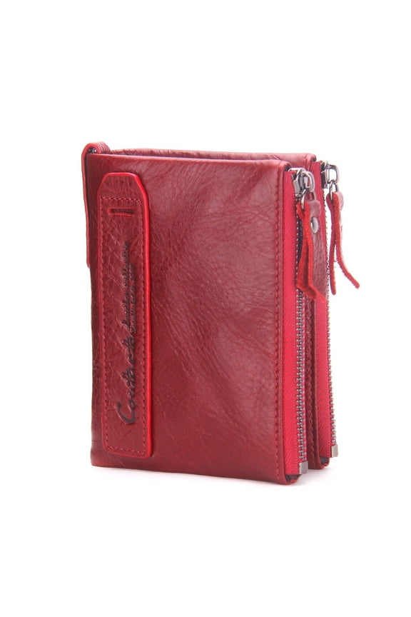 Leather Small Wallets for Women Double Zipper Bifold Wallet (Red)