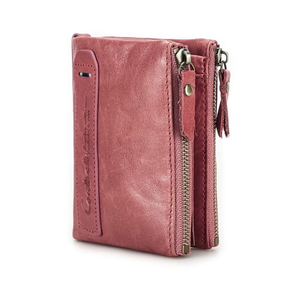 Contact's Full Grain Leather Wallet for Women Small Bifold Coin Purse Double Zipper Card Holder with RFID Blocking (Rose Tan)