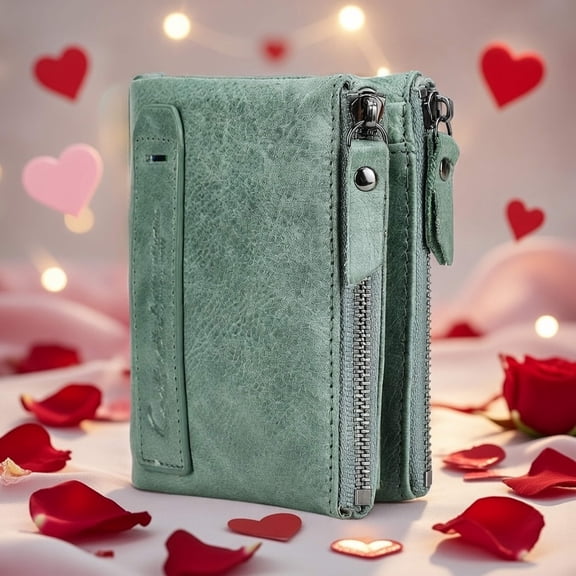Contact's Soft Leather Wallet for Women and Men Small Bifold Coin Purse Double Zipper Card Holder RFID Blocking，Valentine Gif (Matcha Green)