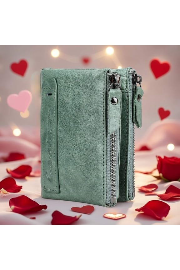 Soft Leather Wallet for Women and Men Small Bifold Coin Purse Double Zipper Card Holder RFID Blocking，Valentine Gif (Matcha Green)
