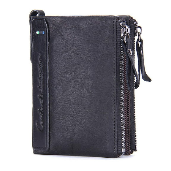 Contact's Soft Leather Wallet for Women and Men Small Bifold Coin Purse Double Zipper Card Holder with RFID Blocking (Black)