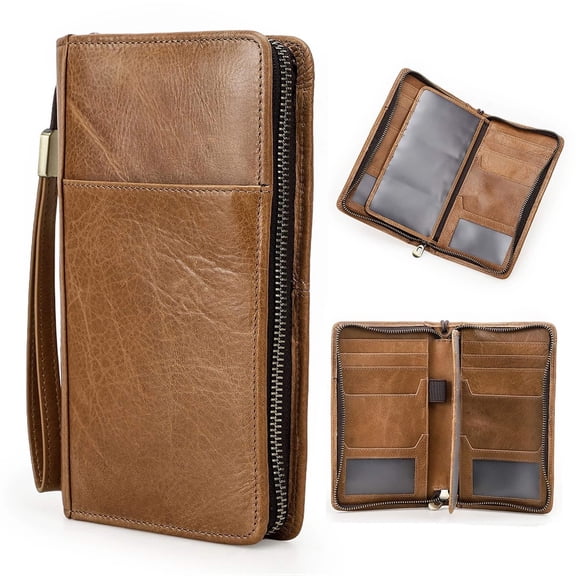 Contact's Passport Wallet for Travel , Leather Passport Holder For  Family  RFID Blocking Fit up 4 Passports（Brown)