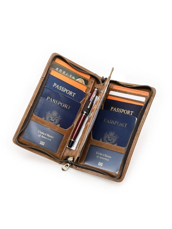 Full Grain Leather 4 slots Passport Holder for Family with RFID Blocking , Passport Wallet for Travel , Brown