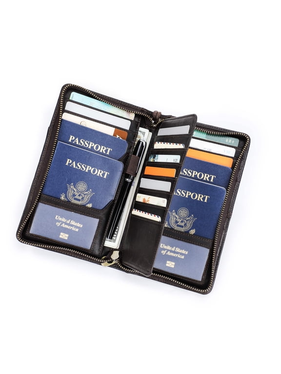 Full Grain Leather Travel Passport Holder For Family RFID Blocking Fit up 4 Passports, Coffee