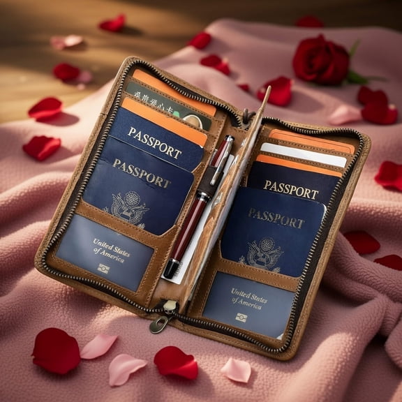 Contact's Passport Wallet for Travel , Leather Passport Holder For  Family  RFID Blocking Fit up 4 Passports（Brown)