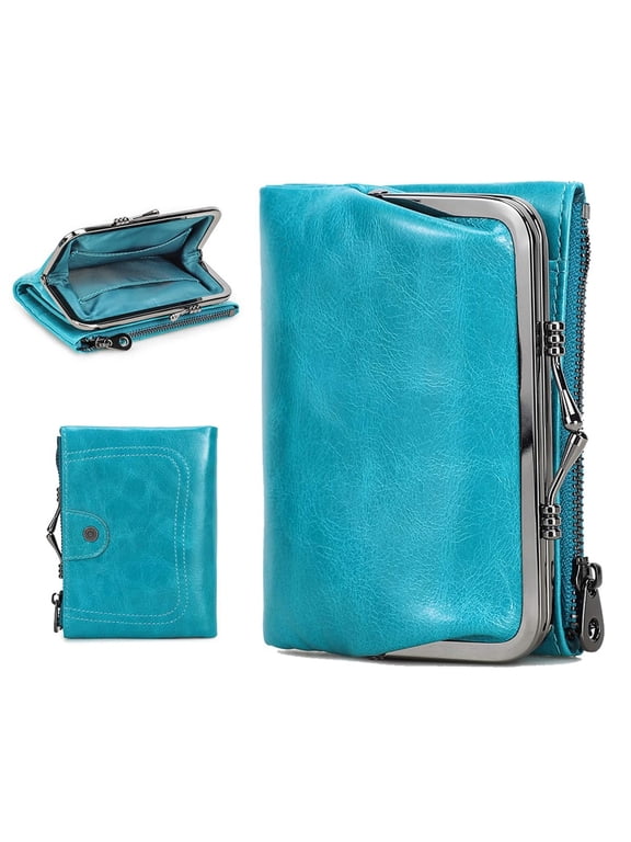 Womens Kiss Lock Wallet, Leather Small Zipper Coin Pocket for Womens, Vintage Bifold Rfid Purse Card Holder with Photo Window,Blue