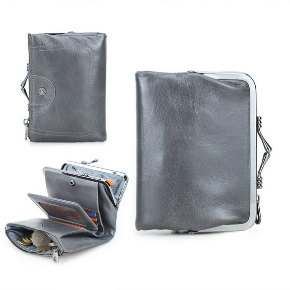 Contact's Women Kiss Lock Wallet, Leather Small Zipper Coin Pocket for Women,  Bifold Rfid Purse Card Holder with Photo Window,Gray