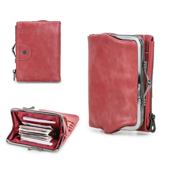 Contact's Womens Kiss Lock Wallet, Leather Small Zipper Coin Pocket for Womens, Vintage Bifold Rfid Purse Card Holder with Photo Window,Rose pink