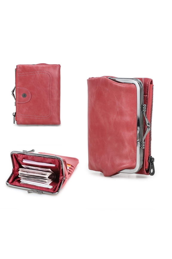 Womens Kiss Lock Wallet, Leather Small Zipper Coin Pocket for Womens, Vintage Bifold Rfid Purse Card Holder with Photo Window,Rose pink