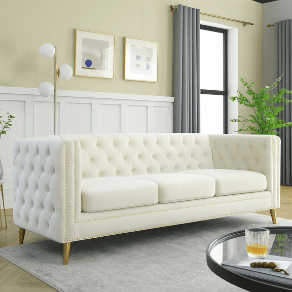 {Contact us for 3D modeling} Velvet Sofa for Living Room,Buttons Tufted Square Arm Couch, Modern Couch Upholstered Button and Metal Legs, Sofa Couch for Bedroom, Beige Velvet(W834S00023)
