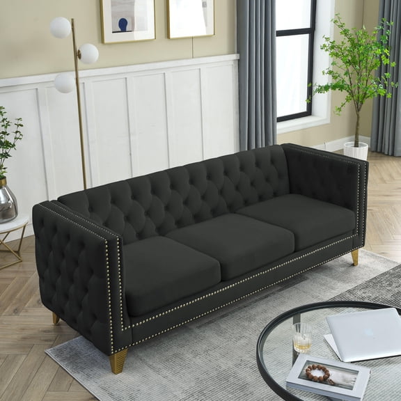 {Contact us for 3D modeling} Velvet Sofa for Living Room,Buttons Tufted Square Arm Couch, Modern Couch Upholstered Button and Metal Legs, Sofa Couch for Bedroom, Black Velvet(W834S00022)
