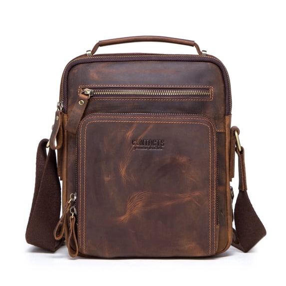 Contact‘s Small Messenger bag for Men Leather Man Purse Business Travel Crossbody Shoulder Bag Handbag Fit up to 9.7" iPad (Coffee)