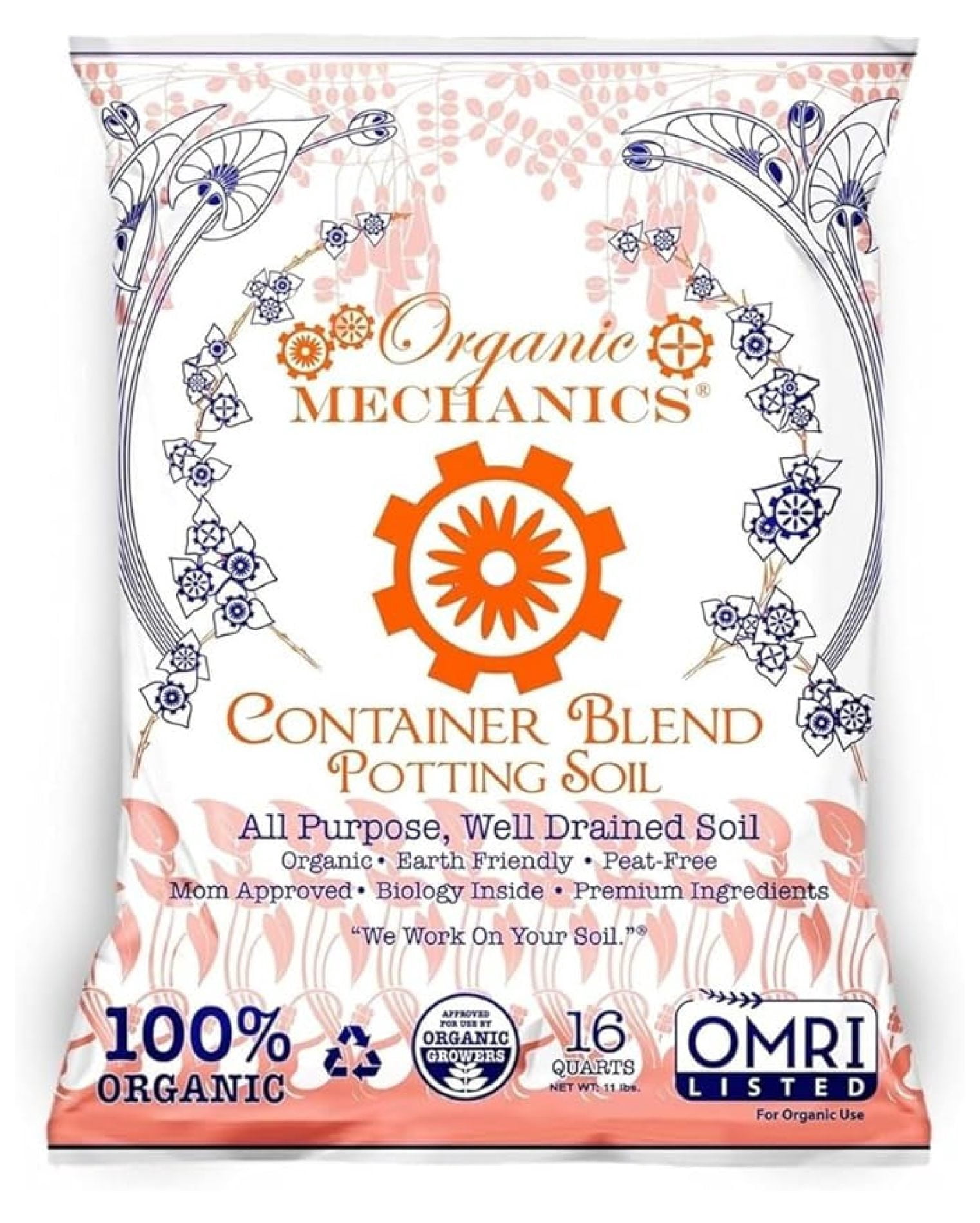 Container Blend Potting Soil, 16 qt - All-Purpose, Peat-Free, Well-Drained Blend with Compost, Rice Hulls, and Worm Castings for Growing Annuals, Perennials, Plants