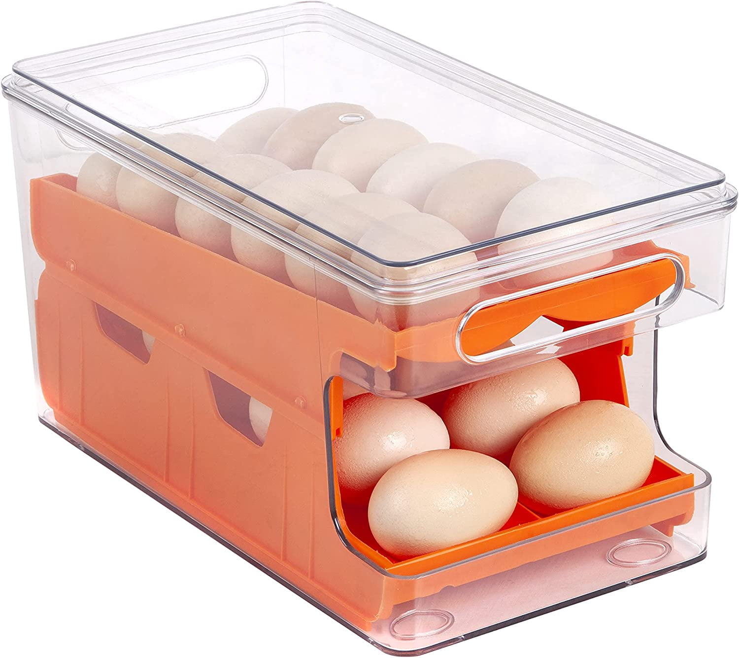 Container For Eggs, Stackable Fridge Egg Organizer With Lid, Storage Container Tray, Holder for Refrigerator, Large Capacity Double track Automatic Rolling (ORANGE)