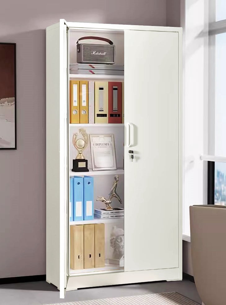 Container Furniture Direct Ironclad 71" Metal Storage Cabinet with Locking Doors and 4 Adjustable Shelves, Heavy-Duty Steel Cabinet for Garage, Laundry, Office, or Warehouse, Cream White