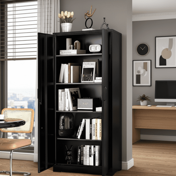 Container Furniture Direct Ironclad 71" Metal Storage Cabinet with Locking Doors and 4 Adjustable Shelves, Heavy-Duty Steel Cabinet for Garage, Laundry, Office, or Warehouse, Black