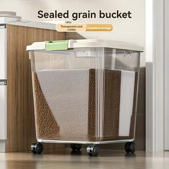 Container for Storing Pet Food for Cats And Dogs  Features Rolling Wheels for Easy Transport, Comes with a Food Scoop, Moisture-Resistant And Bug-Proof, Allows Clear Visibility of The Remaining Food