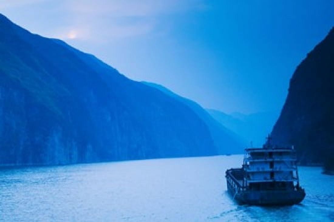 Container ship in the river at sunset Wu Gorge Yangtze River Hubei Province China Canvas Art - Panoramic Images (36 x 24)