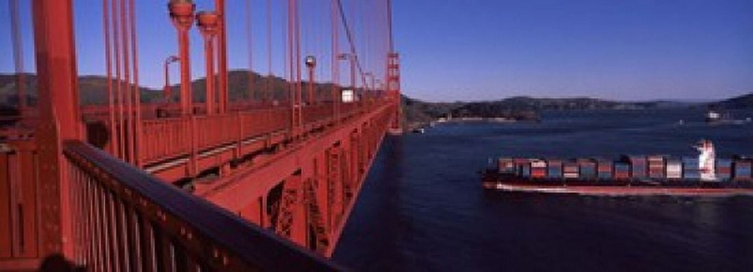Container ship passing under a suspension bridge Golden Gate Bridge San Francisco Bay San Francisco California USA Canvas Art - Panoramic Images (36 x 13)