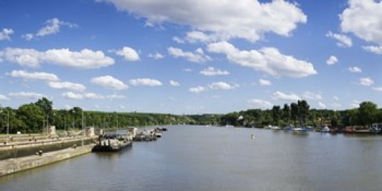 Container ships at a canal lock Neckar River Lauffen am Neckar Baden-Wurttemberg Germany Canvas Art - Panoramic Images (24 x 12)
