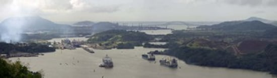 Container ships in a canal Miraflores Panama Canal Panama Canvas Art - Panoramic Images (40 x 12)