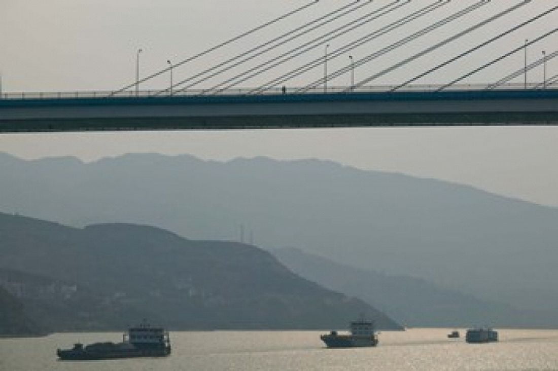Container ships passing a newly constructed bridge on the Yangtze River Wanzhou Chongqing Province China Canvas Art - Panoramic Images (36 x 24)