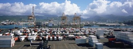 Containers And Cranes At A Harbor Honolulu Harbor Hawaii USA Canvas Art - Panoramic Images (36 x 13)