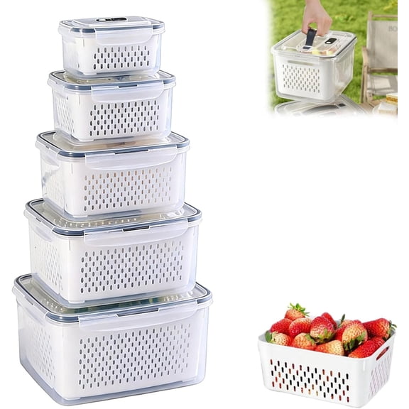 Containers with Removable Colanders, Household Transparent Plastic Food Storage Box-Including Drain Basket, With Carrying Handle, Portable Breathable Multifunctional Basin for Pantry