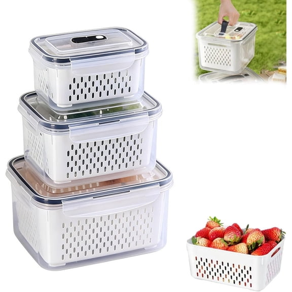 Containers with Removable Colanders, Household Transparent Plastic Food Storage Box-Including Drain Basket, With Carrying Handle, Portable Breathable Multifunctional Basin for Pantry