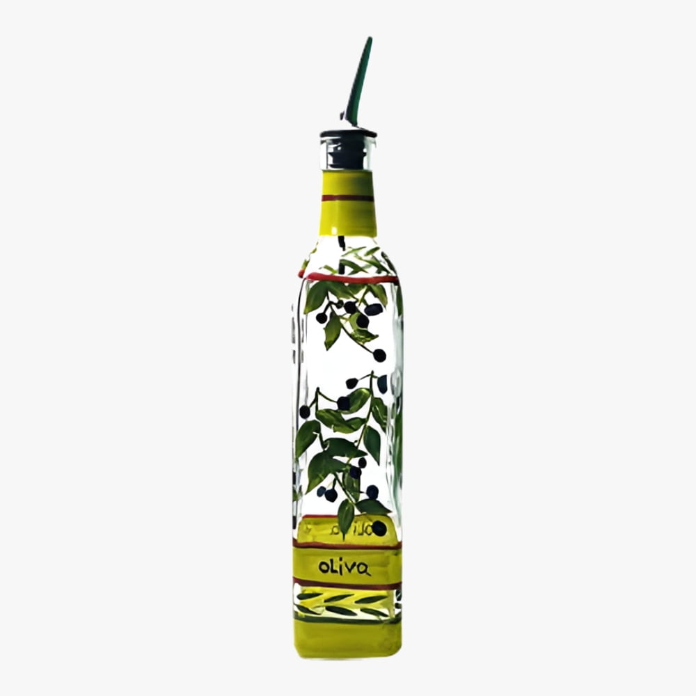 Hand Painted Glass Olive Branch Oil Dispenser with Stainless Steel Spout, 8 oz