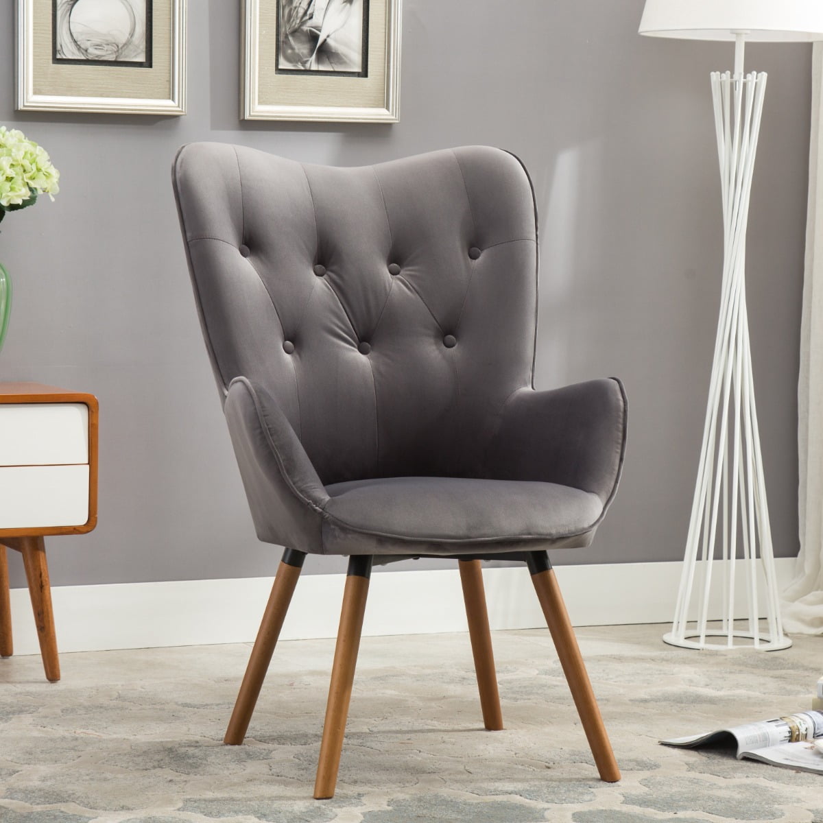 Brown Velvet Barrel Accent Chair with Wood Frame
