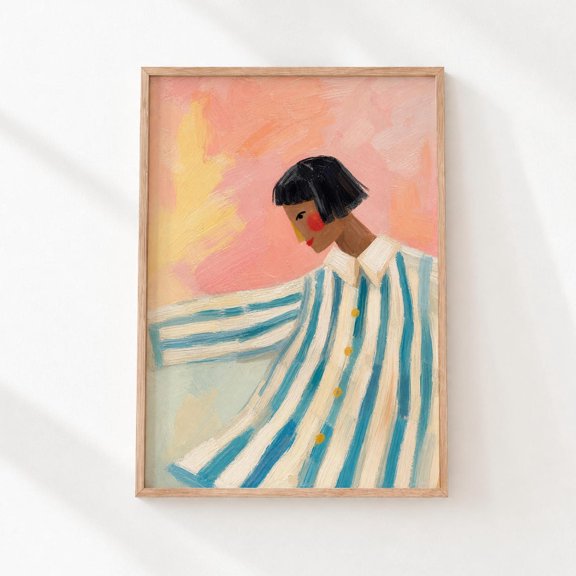 Contemplative Woman Blue Striped Portrait Decor Wall Art