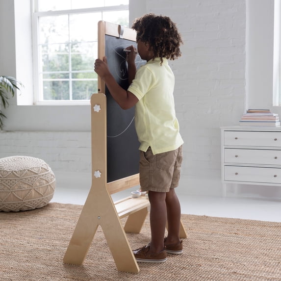 Little Partners Contempo Art Toddler Easel - Adjustable Height Two-Sided Paint Station for Kids with Chalk Board, Magnetic Dry Erase Board, Paper Holder, Paint Containers - Natural