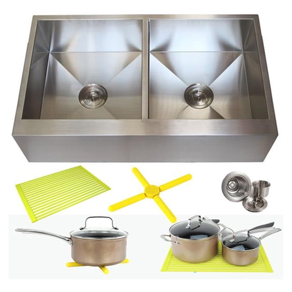 Contempo Living HFE3621 36 in. Flat Front Farmhouse Apron 50 by 50 Double Bowl Kitchen Sink - Stainless Steel