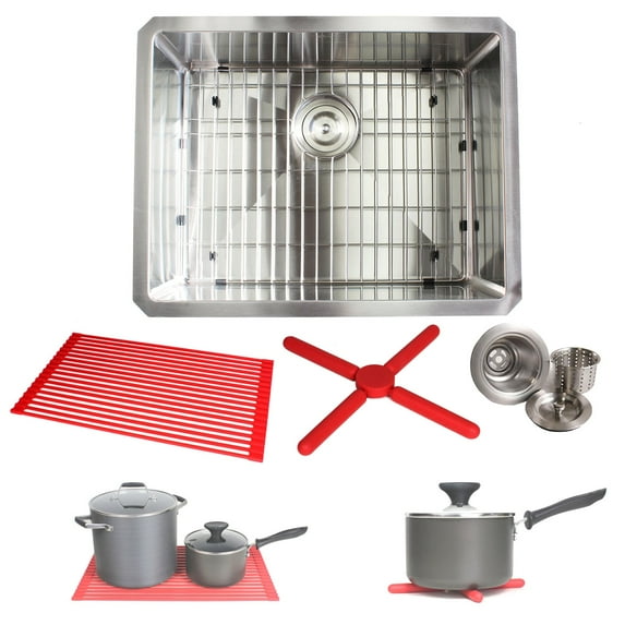 Contempo Living Inc Ariel 23-inch Stainless Steel 15mm Radius Single Bowl 16 Gauge Undermount Kitchen Sink Complete Combo Accessories