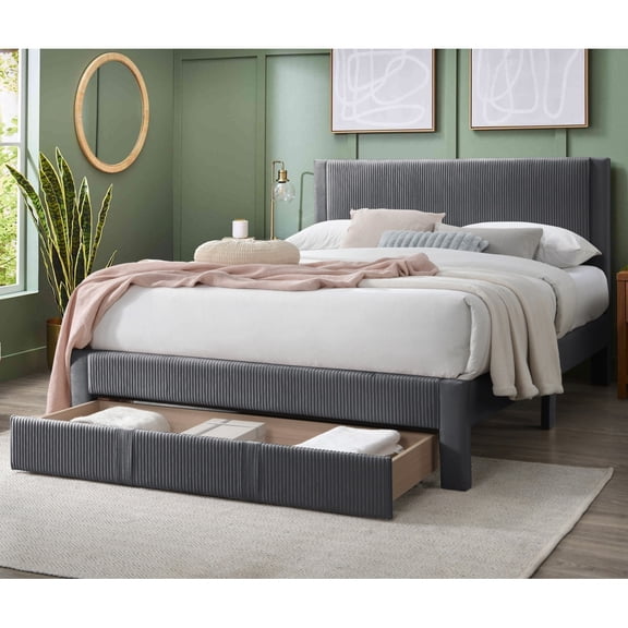 Contemporary 1pc Full Size Bed w Storage Drawer Charcoal Corduroy Texture Design Bedroom Furniture