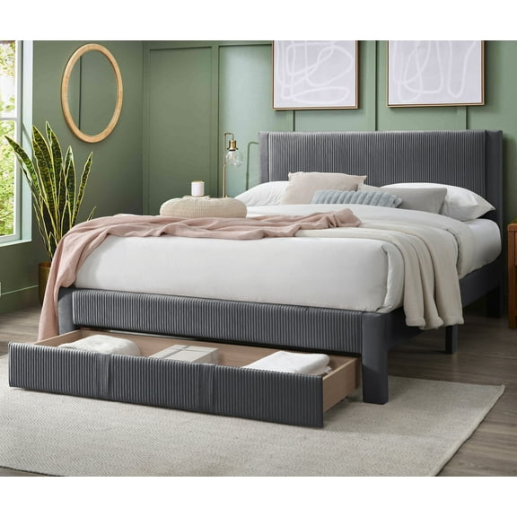 Contemporary Queen Corduroy Platform Bed Frame in Charcoal with Underbed Storage Drawer - Modern Upholstered Headboard, Box Spring Not Required, Master Bedroom Furniture