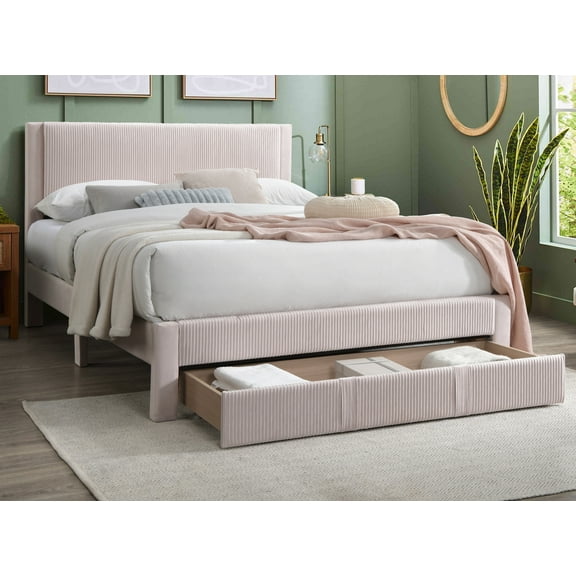 Contemporary 1pc Queen Size Bed w Storage Drawer Light Pink Corduroy Texture Design Plat
