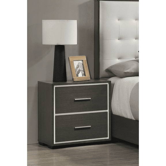 Contemporary 2-Drawer Gray Rustic Wood Nightstand with Chrome Accents | 23.4"W x 15.4"D x 24.6"H | Bedroom Bedside Cabinet | Durable & Stylish