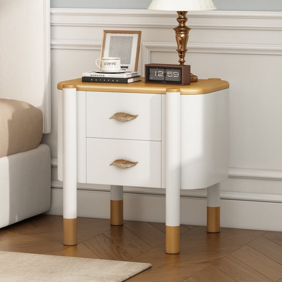 Contemporary 2 Drawers Nightstand with Curved Profile Design, Bedside Table with Metal Feather-Shaped Handles and Exposed Legs, End Table for Living Room and Bedroom, Easy Assembly, White