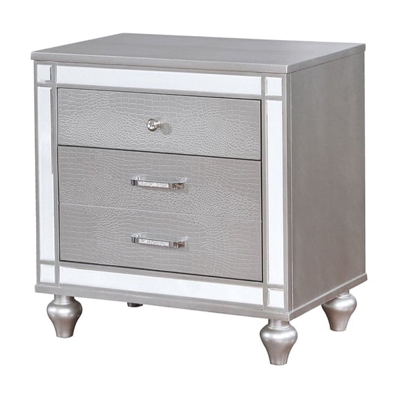 Contemporary 2 Drawers Wooden Nightstand, Silver Glitter - Felt-lined Top, Crocodile-textured Detail, Easy Assembly For Bedroom Nightstand With Stylish Sophistication Top Drawers, Front,