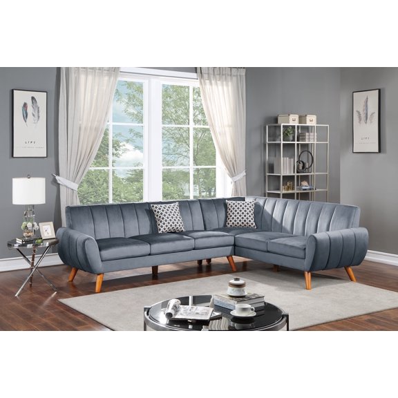 Contemporary 2-Pcs Sectional Set Living Room Furniture Dark Gray Velvet Couch Left Facing Sofa, Right Facing Loveseat Wedge Plush Cushion