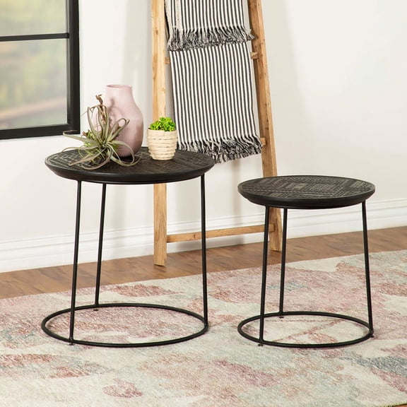 Contemporary 2-Piece Tables | Work Well as Coffee & End Tables | Ink Blot Embossed Mango Tops | Slide for Space Saving