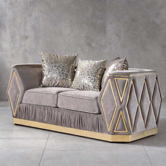 Contemporary 2-Seater Loveseat with Diamond Pattern Upholstery and Gold-Tone Base, Taupe Fabric
