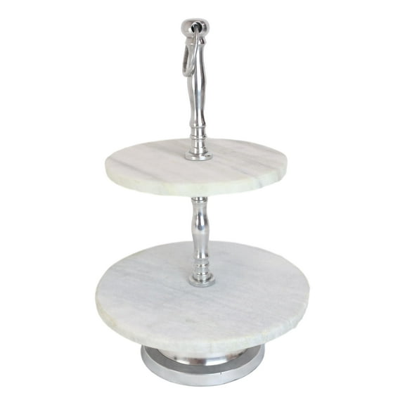 Contemporary 2 Tier Dining Tabletop Marble Aluminum Serving Platter Tray Stand